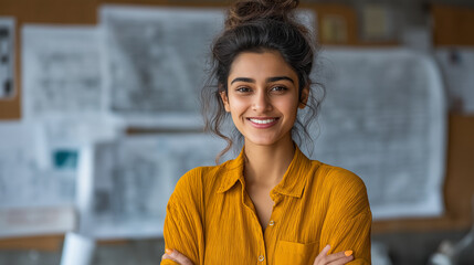 Confident Young Woman in Casual Clothing Embracing Career Development and Creativity at a Dynamic Workspace