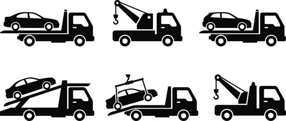 Tow truck service icon set illustration showing vehicle recovery, roadside assistance, and car transport operations, minimalist black vector design.Web