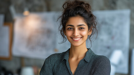 Confident Young Professional Woman in Creative Workspace - Smiling Team Player in Modern Office