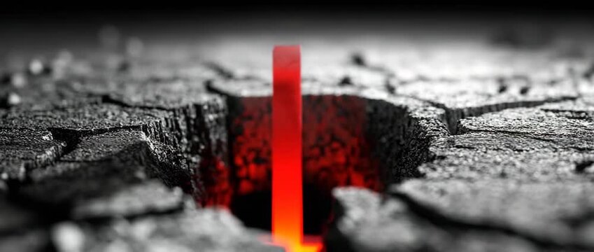 The financial crisis and market collapse are symbolized by a steep fall arrow striking and shattering the concrete floor.