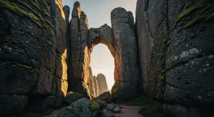 Sunlight streams through a natural archway between massive, textured rock formations
