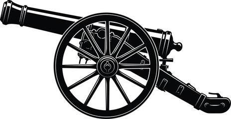 Vintage cannon silhouette illustration depicting historical artillery weapon with wooden wheels, isolated black military equipment, antique warfare vector artwork.Web