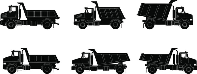 Dump truck silhouette vector set, side view elevation stages, black construction vehicle icons, transport design elements, stock illustration for catalog © LITON