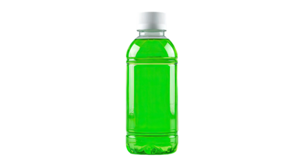 An isolated green glass medicine bottle with a transparent liquid and dropper cap stands as a medical container on a white background, representing a health object or olive oil vial