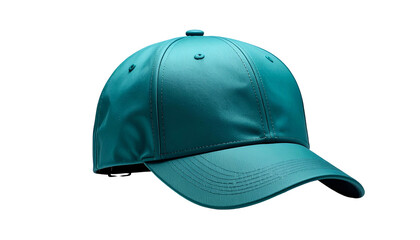 Fototapeta premium A close-up studio shot presents a teal-colored, classic baseball cap. The lighting emphasizes the texture and shape