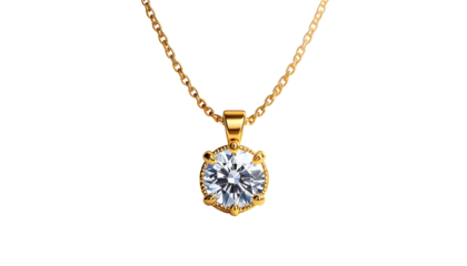 A close-up studio shot showcases a golden pendant necklace against a black background. The focus is on a single, dazzling gemstone