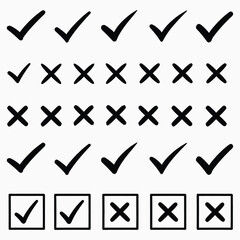 Checkmarks and crosses on isolated transparent background