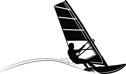 Windsurfing athlete silhouette illustration riding waves with sail, extreme water sport action, summer adventure and outdoor recreation vector artwork.Web