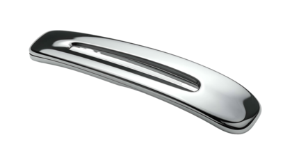 A close-up view presents a sleek, elongated, metallic object with a polished, reflective surface. The shape is curved with a groove