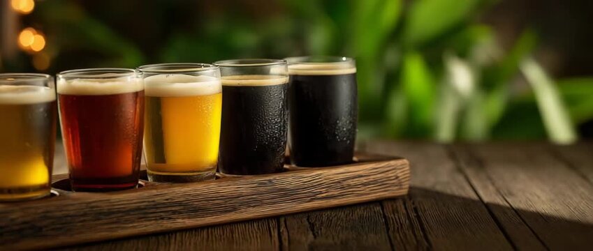 The beer flight lineup features sample glasses of several craft beers for enjoyable sampling.