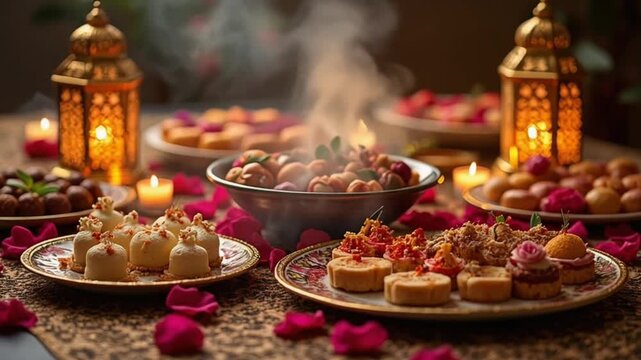 Traditional indian sweets and snacks with lanterns and rose petals on table