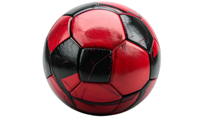 A close-up view presents a soccer ball featuring a vibrant red and black pentagonal pattern, highlighted against a black backdrop