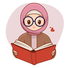 A Muslim girl is reading a book. Cute cartoon character