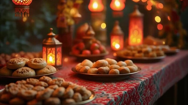 Traditional Middle Eastern dessert and fruit table setting