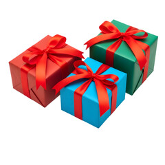 Obraz premium Colorful gift boxes with red ribbons on Transparent Background PNG