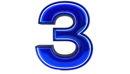 A luminous, three-dimensional numeral "3" with a glowing blue neon-like outline, set against a stark black background