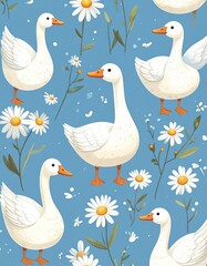A cute seamless pattern featuring geese and chamomile flowers, set against a soft blue background. The playful design embodies a spring-summer vibe, full of nature&rsquo;s charm.