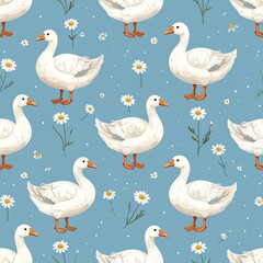 A charming seamless pattern featuring white geese and delicate chamomile flowers against a soft blue background. Perfect for spring and summer-themed designs. AI