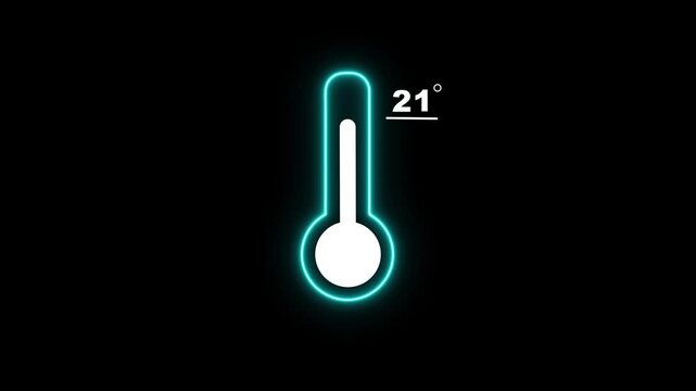 Neon Medical thermometer icon animation. Thats indicates weather temperature 21 degree increse or decline. Thermometer equipment showing hot or cold weather. Alpha channel