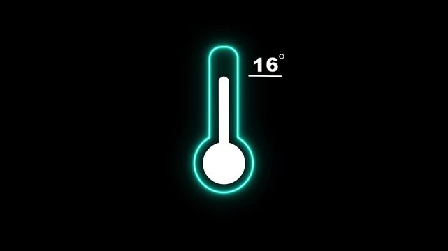 Neon Medical thermometer icon animation. Thats indicates weather temperature 16 degree increse or decline. Thermometer equipment showing hot or cold weather. Alpha channel