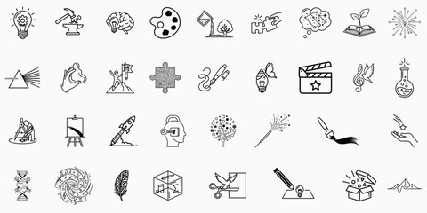 Collection of 32 black and white icons isolated on transparent background