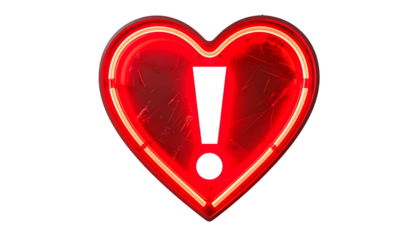 A red neon heart shape with a scratch-effect texture and illuminated border. A white exclamation point rests in the center against a dark backdrop