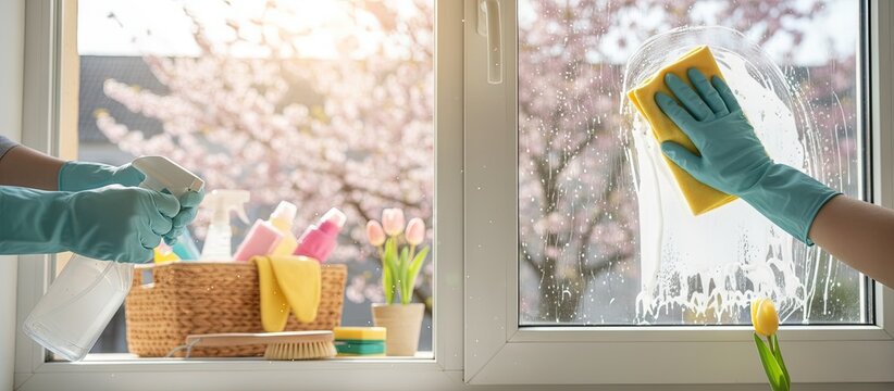 Spring cleaning concept with cleaning supplies and tools to make house cleaner