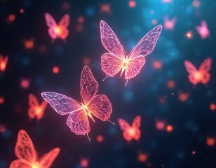 Abstract glowing butterflies fly in dark space. Neon wireframe insects have geometric pattern. Digital luminous particles float around these beautiful creatures.