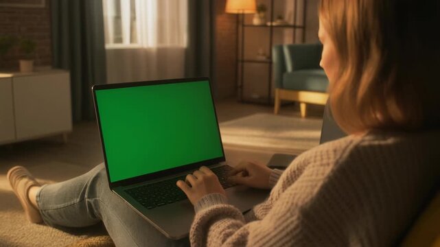 Woman relaxing at home, sitting on the floor and typing on a laptop with a green screen in a cozy living room.