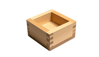 A square wooden container, with visible dovetail joints. The vessel sits against a black background. Simple, minimalist design