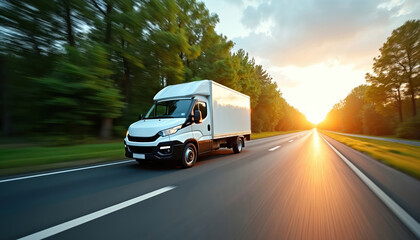 White delivery van speeds down highway toward sunset. Trees line road, conveying movement and journey. Quick transport for goods and parcels.