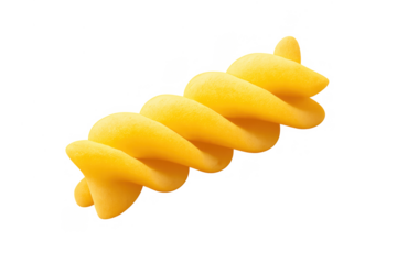 Fusilli pasta piece, a yellow dry uncooked food ingredient, showcasing its spiral shape. Transparent background
