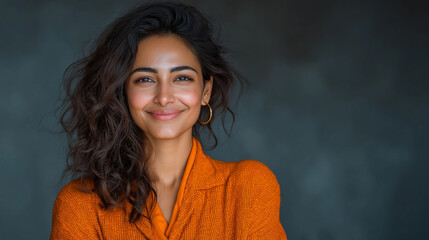 Confidence and Joy: Captivating Portrait of a Smiling Young Woman with Curly Hair in Vibrant Orange Blouse