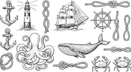 Set of hand drawn nautical marine elements with ship anchor whale octopus and lighthouse, vintage sketch vector illustration collection © TOP-designer