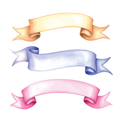 Three Watercolor Ribbons in Yellow Blue and Pink on White vector illutrastion transparent background
