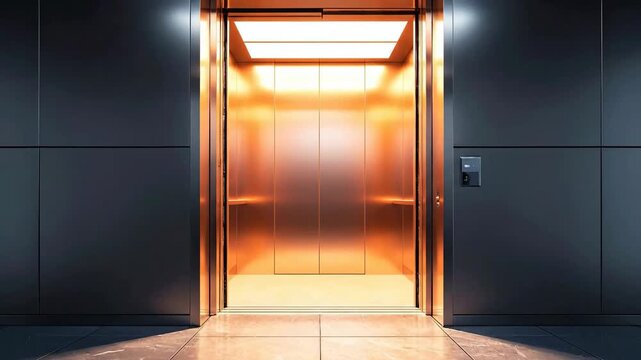 Open elevator with a golden interior and dark gray walls, modern design.