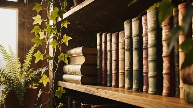 Timeless Library Ambiance: Serene Bookshelf With Vintage Books And Indoor Plants In Atmospheric