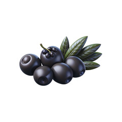 Black Olives with Green Leaves Illustration Featuring Glossy Texture and Mediterranean Botanical Food Design