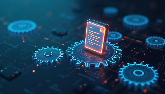 Interlocking gears, document icon symbolize company procedures, compliance, operational systems. This digital art represents complex business processes, workflow integration within organization.