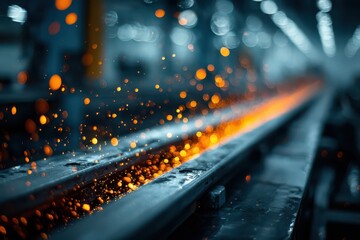 Bright orange sparks flying from hot molten metal on a dark industrial rail