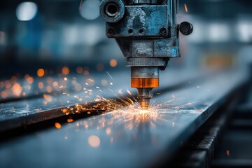 Close up of laser cutting machine creating sparks in an industrial factory