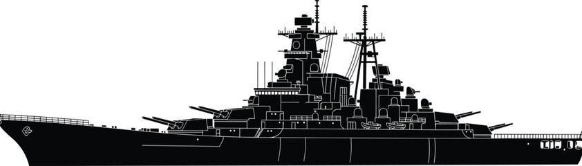 Historical or modern naval battleship warship silhouette with large main gun turrets, radar antennas, and superstructure, military marine navy vessel vector illustration © MSTMUNMUN