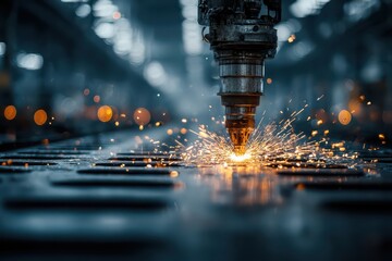 Industrial laser cutting metal with bright sparks