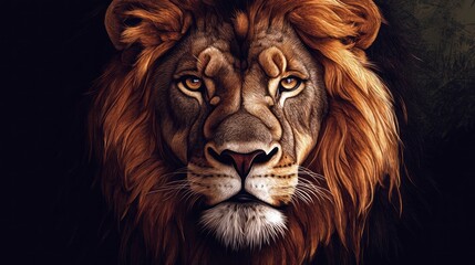 Naklejka premium Majestic lion portrait head and mane close up on dark background