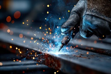 Welder's gloved hand creating bright sparks on metal