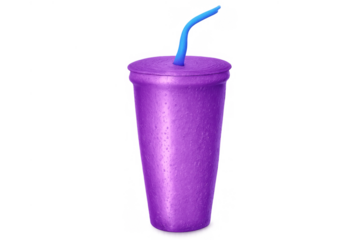 Purple soft drink cup with blue straw, 3d render icon, refreshing summer beverage, transparent background