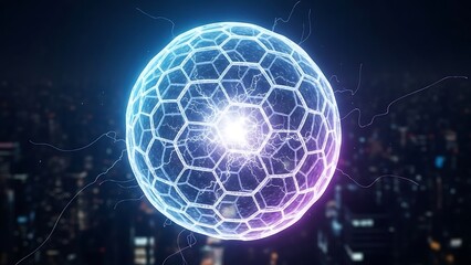 Glowing blue and purple geodesic sphere with hexagonal pattern and lightning bolts against cityscape