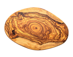 Wooden cutting board, oval shape, displaying natural wood grain patterns and textures