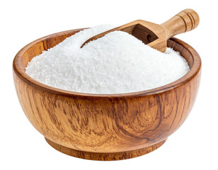 Close-up of fine white sugar piled in a wooden bowl with a scoop. Isolated, clean shot