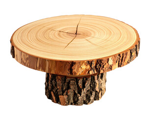 Wooden cross-section of a tree trunk used as a pedestal for display
